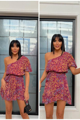 FLOWERS ONE ARM DRESS BURGUNDY/VISHNJE - KLAUDIO FASHION