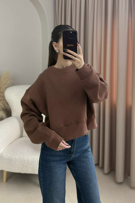 FLUFFY COTTON SIMPLE WOMAN SWEATSHIRT BROWN/KAFE - 1