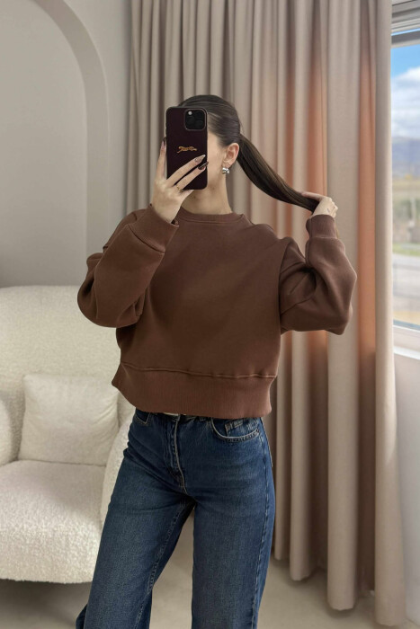FLUFFY COTTON SIMPLE WOMAN SWEATSHIRT BROWN/KAFE - 5