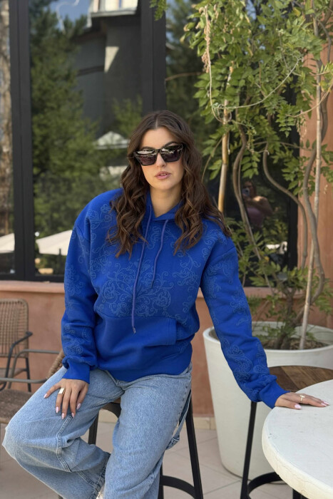 FLUFFY FLOWER DESIGN ONE COLOR WOMEN HOODIE BLUE/BLU - KLAUDIO FASHION