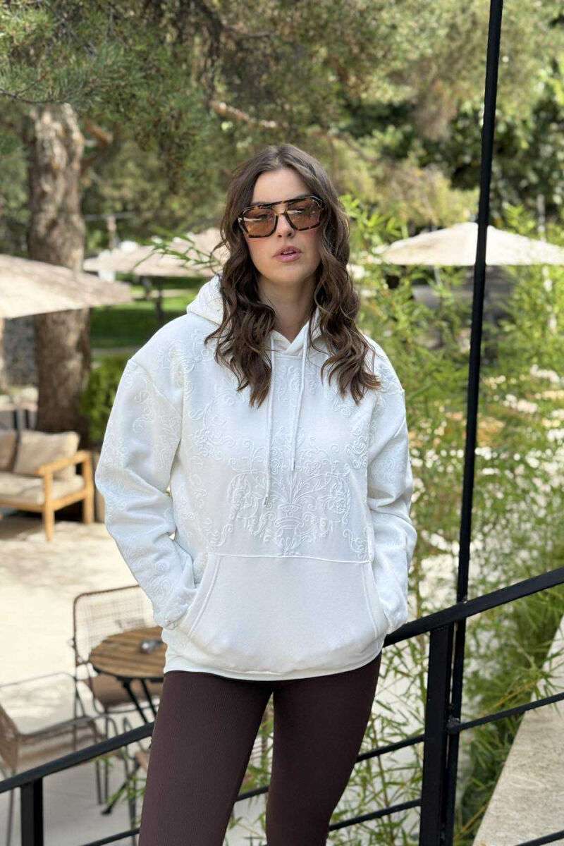 FLUFFY FLOWER DESIGN ONE COLOR WOMEN HOODIE WHITE-E BARDHE - 3