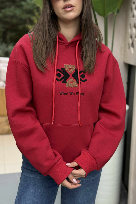 FLUFFY FRONT & BACK DESIGN WOMEN HOODIE RED/E KUQE - 3