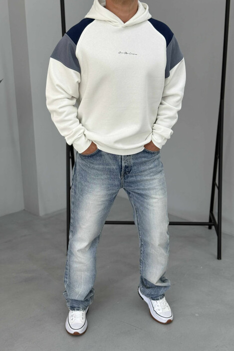 FLUFFY FRONT SIMPLE WRITTING MEN HOODIE WHITE-E BARDHE 