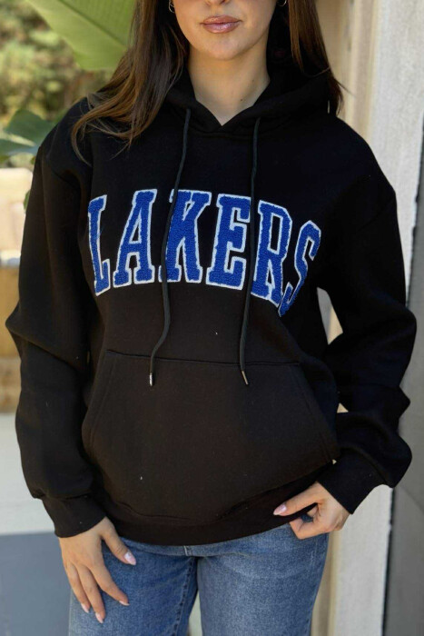 FLUFFY FRONT WRITTING ONE COLOR WOMEN HOODIE BLACK/ E ZEZE - 4