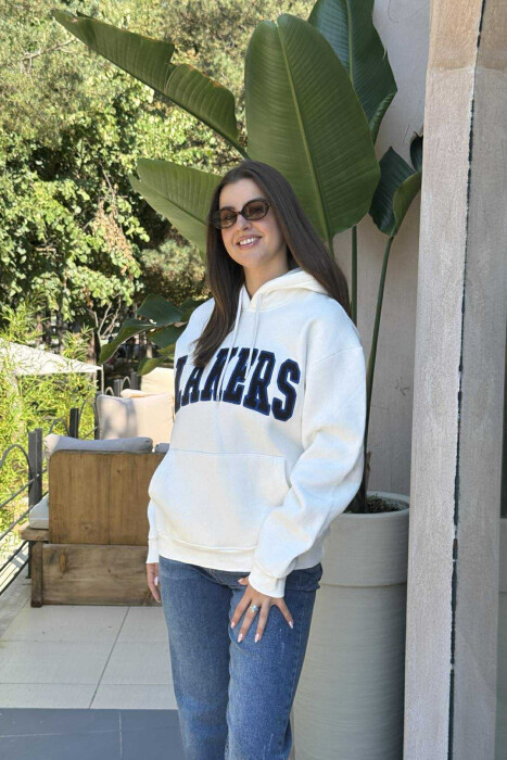 FLUFFY FRONT WRITTING ONE COLOR WOMEN HOODIE CREAM/KREM 