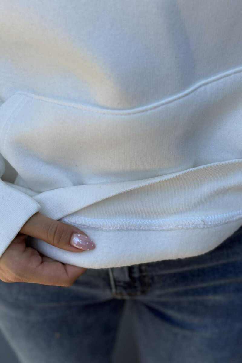 FLUFFY FRONT WRITTING ONE COLOR WOMEN HOODIE CREAM/KREM - 5