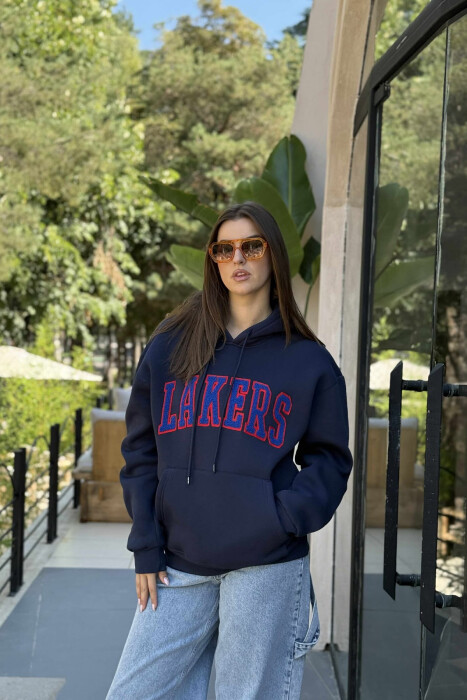 FLUFFY FRONT WRITTING ONE COLOR WOMEN HOODIE DARK BLUE/BEE 