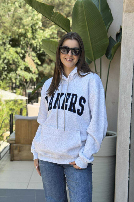 FLUFFY FRONT WRITTING ONE COLOR WOMEN HOODIE LIGHT GREY/GZ 