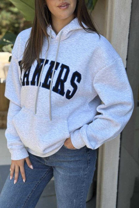 FLUFFY FRONT WRITTING ONE COLOR WOMEN HOODIE LIGHT GREY/GZ - 4