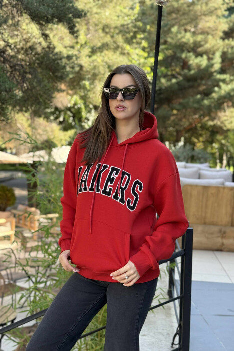 FLUFFY FRONT WRITTING ONE COLOR WOMEN HOODIE RED/E KUQE - 1