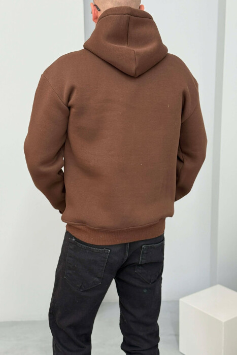 FLUFFY FRONT WRITTINGS MEN HOODIE DARK BROWN/KAE - 3