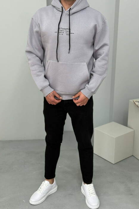 FLUFFY FRONT WRITTINGS MEN HOODIE GREY-PURPLE/GRLE - 1