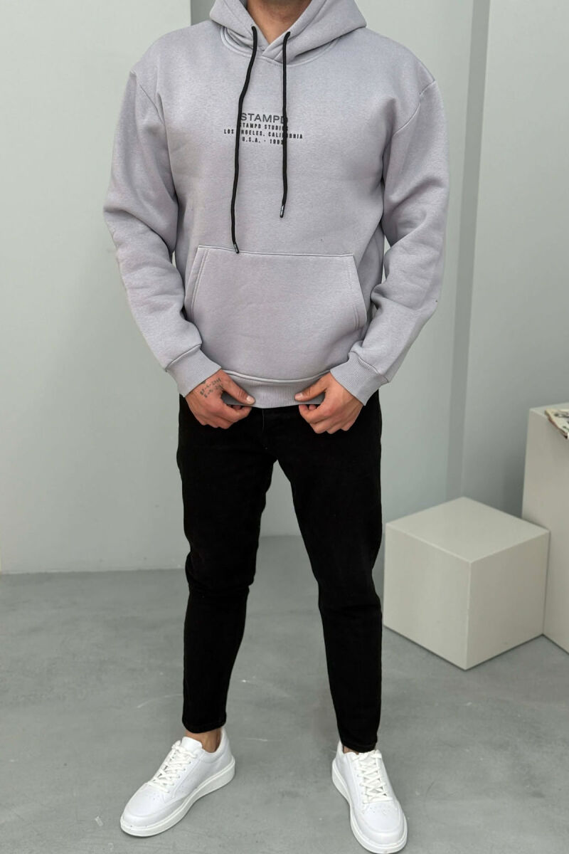 FLUFFY FRONT WRITTINGS MEN HOODIE GREY-PURPLE/GRLE - 1