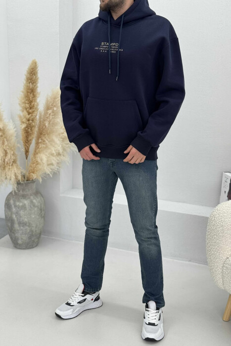 FLUFFY FRONT WRITTINGS MEN HOODIE DARK BLUE/BEE 
