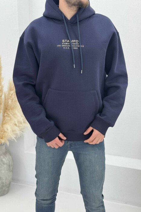 FLUFFY FRONT WRITTINGS MEN HOODIE DARK BLUE/BEE - 2