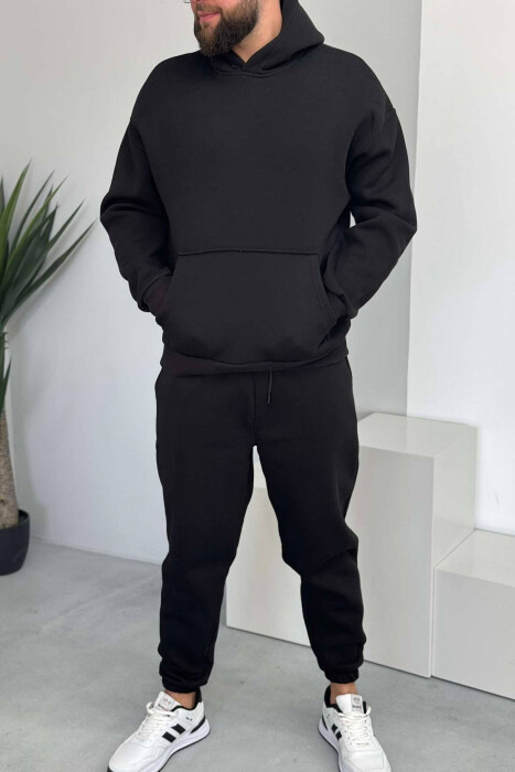 FLUFFY HOODIE+JOGGERS MEN SET IN BLACK COLOR - 1