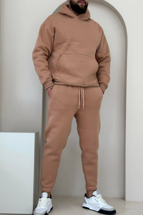 FLUFFY HOODIE+JOGGERS MEN SET IN DARK BEIGE COLOR - 1