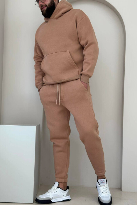 FLUFFY HOODIE+JOGGERS MEN SET IN DARK BEIGE COLOR - 2