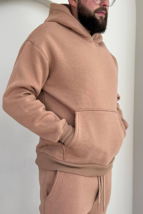 FLUFFY HOODIE+JOGGERS MEN SET IN DARK BEIGE COLOR - 5