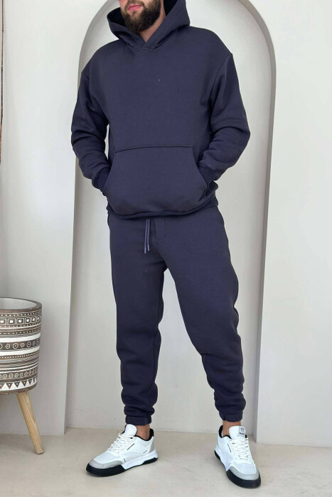 FLUFFY HOODIE+JOGGERS MEN SET IN DARK BLUE COLOR - 1