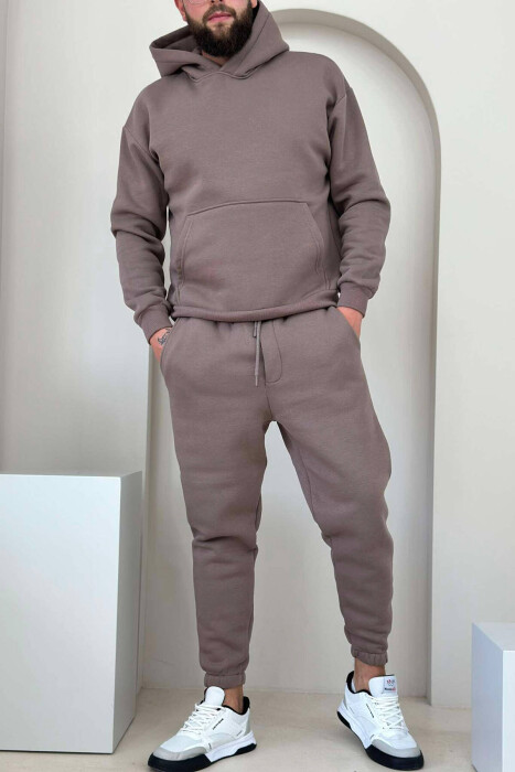 FLUFFY HOODIE+JOGGERS MEN SET IN LIGHT BROWN COLOR - 1