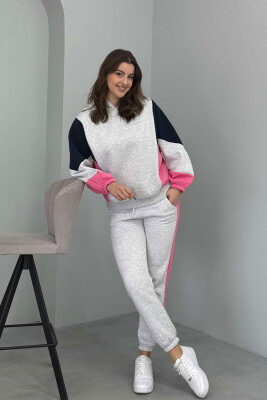 FLUFFY HOODIE+JOGGERS WOMEN SET LIGHT GREY+PINK/GRI ZB+ ROZE 