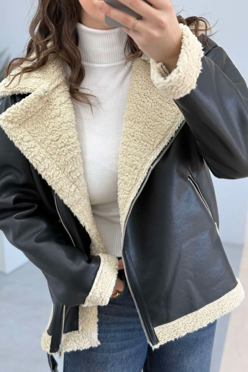 FLUFFY LEATHER WOMEN JACKET BLACK/ E ZEZE - 3