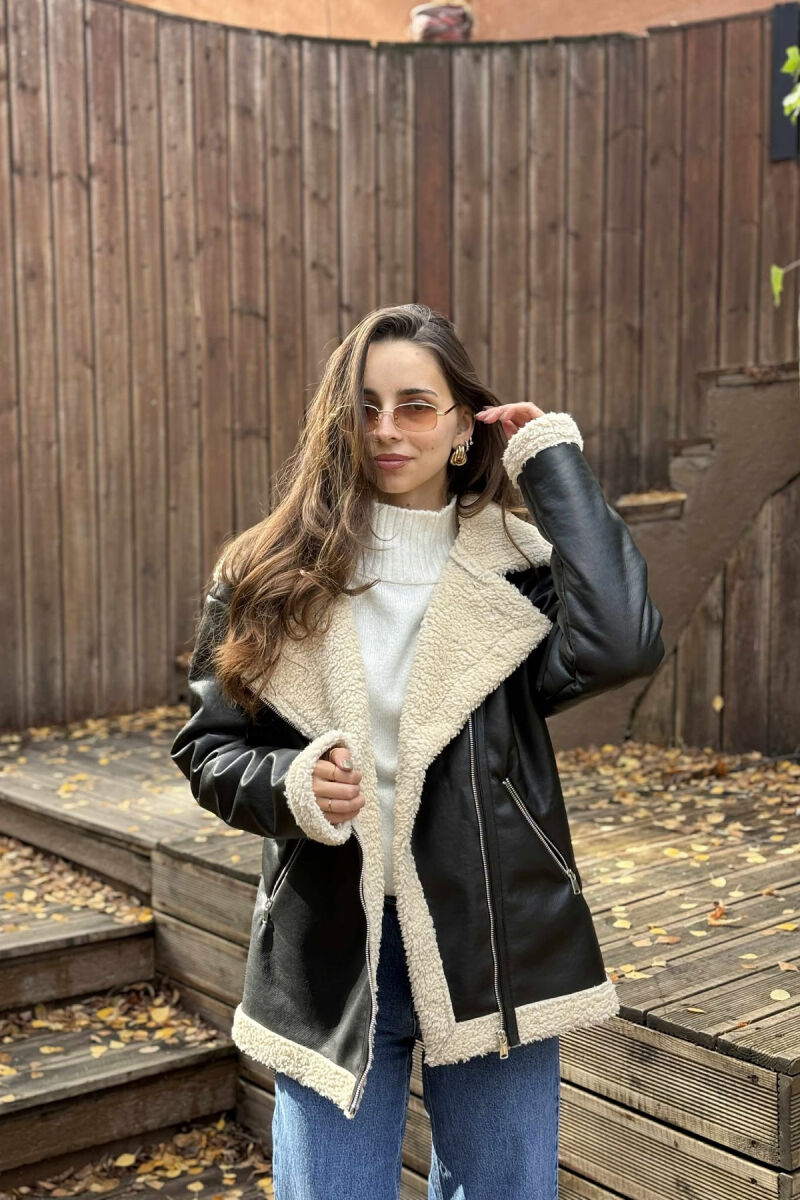 FLUFFY LEATHER WOMEN JACKET BLACK/ E ZEZE - 3