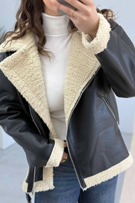 FLUFFY LEATHER WOMEN JACKET IN BLACK COLOR - 9