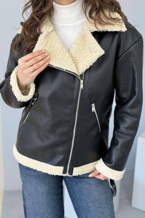 FLUFFY LEATHER WOMEN JACKET IN BLACK COLOR - 12