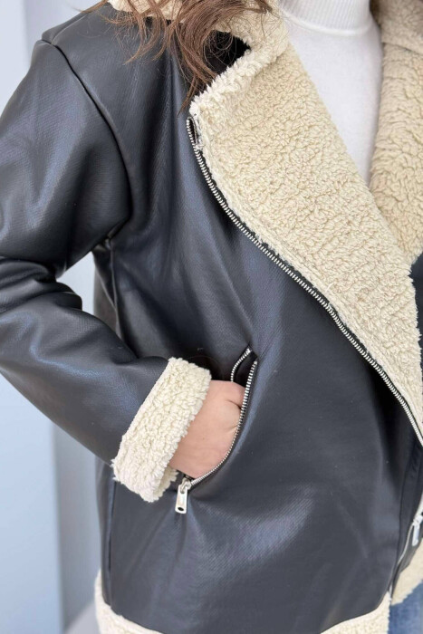 FLUFFY LEATHER WOMEN JACKET IN BLACK COLOR - 13