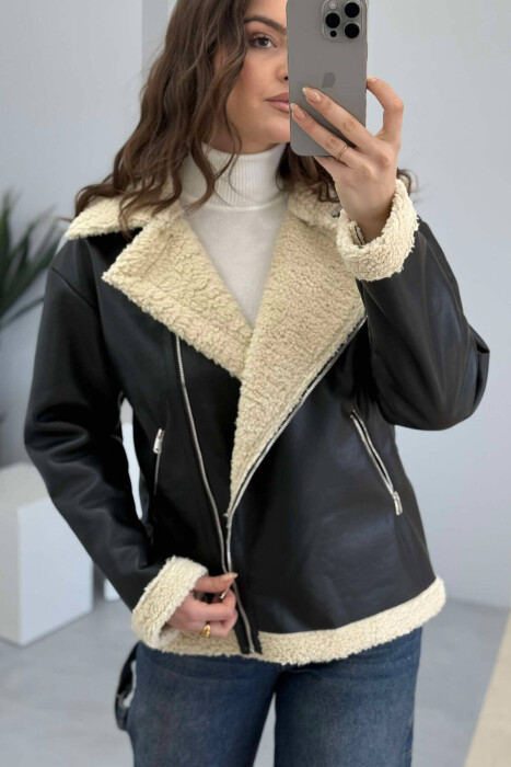 FLUFFY LEATHER WOMEN JACKET IN BLACK COLOR - 14