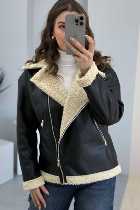 FLUFFY LEATHER WOMEN JACKET IN BLACK COLOR - 15