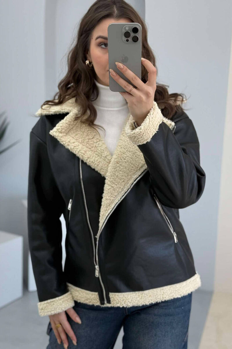 FLUFFY LEATHER WOMEN JACKET IN BLACK COLOR - 15