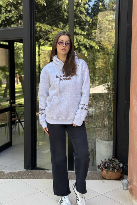 FLUFFY ONE COLOR BACK DESIGN WOMEN HOODIE LIGHT GREY/GZ 