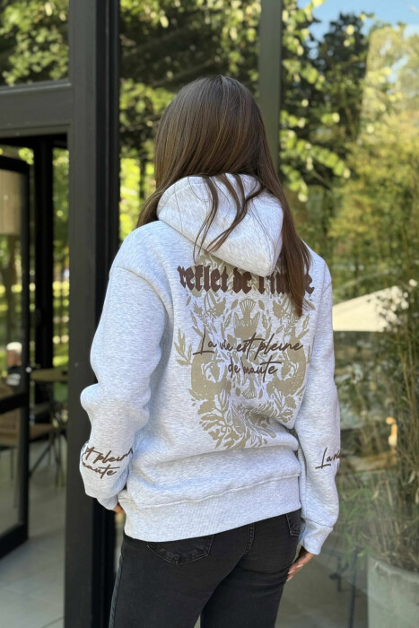 FLUFFY ONE COLOR BACK DESIGN WOMEN HOODIE LIGHT GREY/GZ - 4