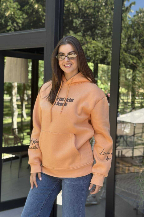 FLUFFY ONE COLOR BACK DESIGN WOMEN HOODIE ORANGE/PORTOKALLI 