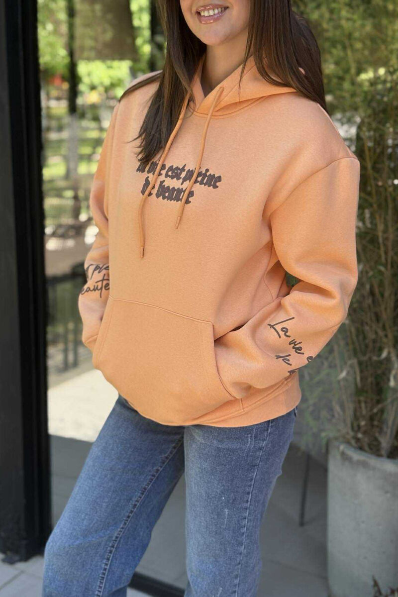 FLUFFY ONE COLOR BACK DESIGN WOMEN HOODIE ORANGE/PORTOKALLI - 4