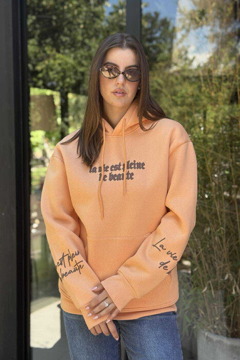 FLUFFY ONE COLOR BACK DESIGN WOMEN HOODIE ORANGE/PORTOKALLI - 2