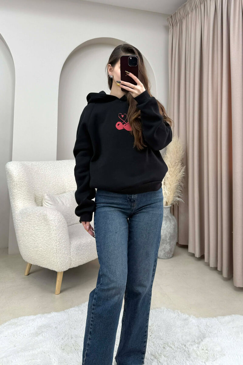 FLUFFY ONE COLOR CHERRY IMAGE WOMEN HOODIE BLACK/ E ZEZE - 1