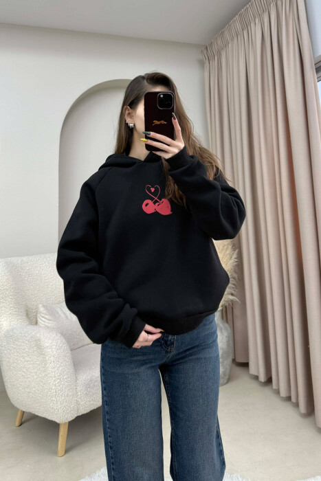FLUFFY ONE COLOR CHERRY IMAGE WOMEN HOODIE BLACK/ E ZEZE - 5