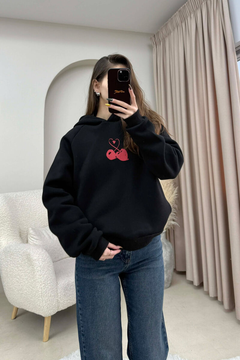 FLUFFY ONE COLOR CHERRY IMAGE WOMEN HOODIE BLACK/ E ZEZE - 5