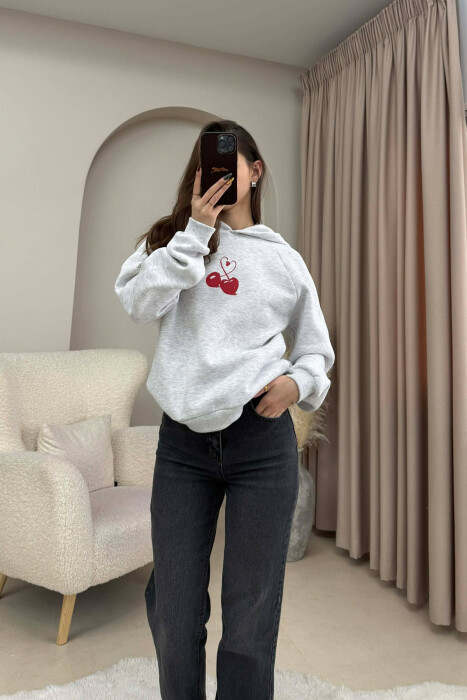 FLUFFY ONE COLOR CHERRY IMAGE WOMEN HOODIE LIGHT GREY/GZ - 1
