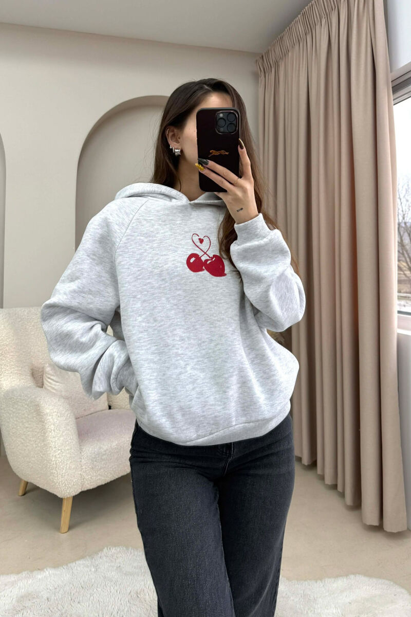 FLUFFY ONE COLOR CHERRY IMAGE WOMEN HOODIE LIGHT GREY/GZ - 2