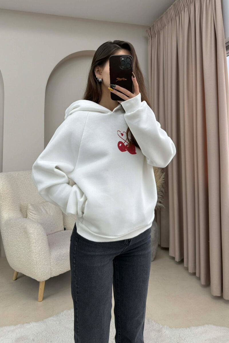 FLUFFY ONE COLOR CHERRY IMAGE WOMEN HOODIE WHITE-E BARDHE - 2