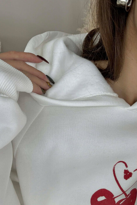 FLUFFY ONE COLOR CHERRY IMAGE WOMEN HOODIE WHITE-E BARDHE - 4
