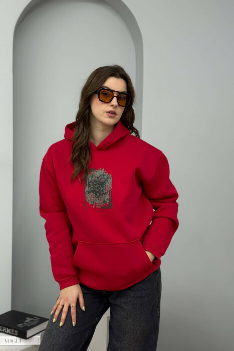 FLUFFY ONE COLOR FRONT & BACK IMAGE WOMEN HOODIE RED/E KUQE - 2