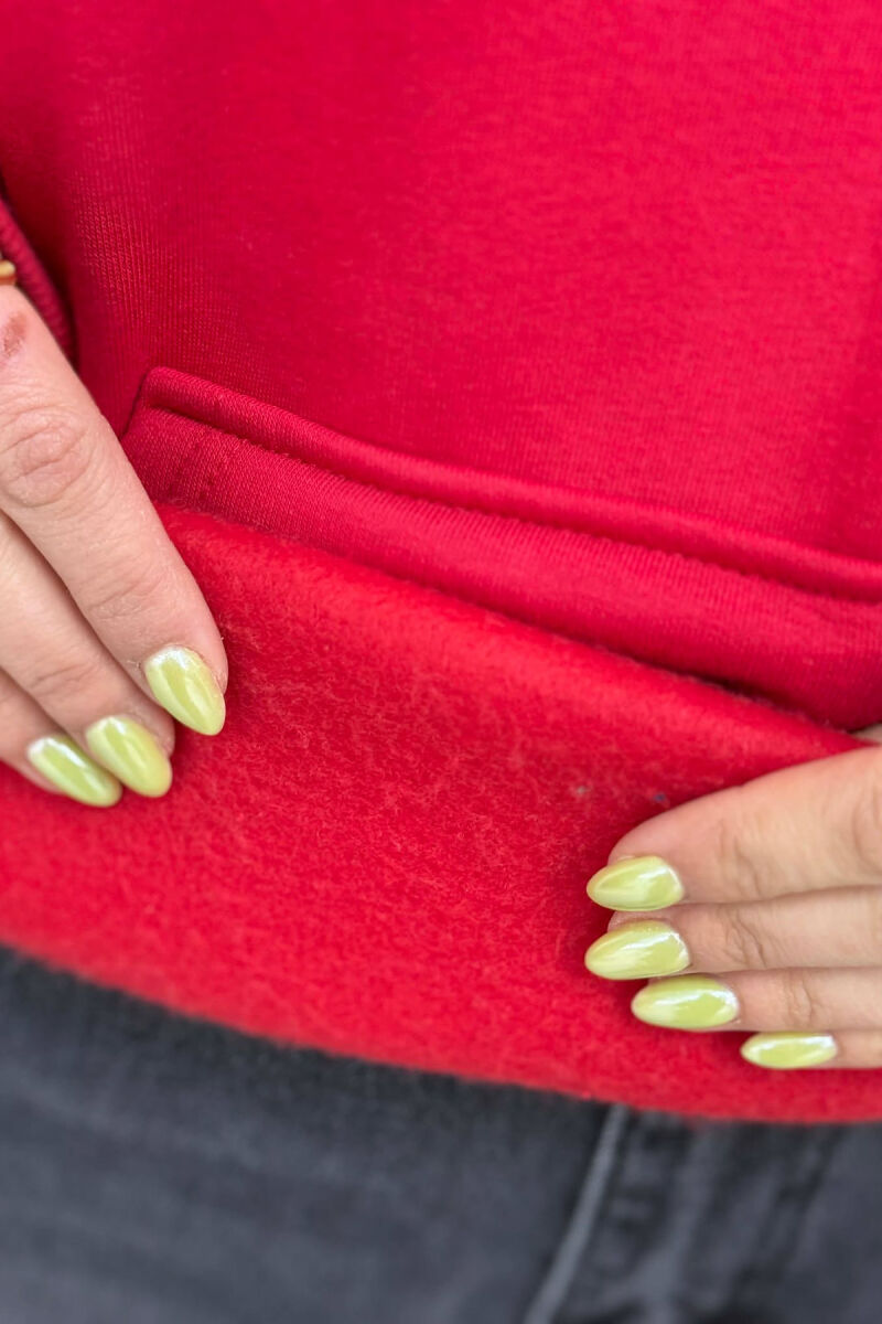 FLUFFY ONE COLOR FRONT & BACK IMAGE WOMEN HOODIE RED/E KUQE - 5