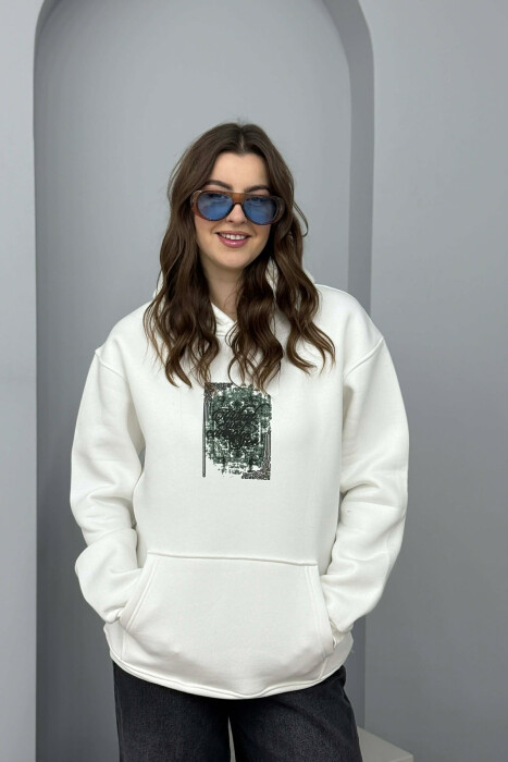 FLUFFY ONE COLOR FRONT & BACK IMAGE WOMEN HOODIE WHITE-E BARDHE - KLAUDIO FASHION