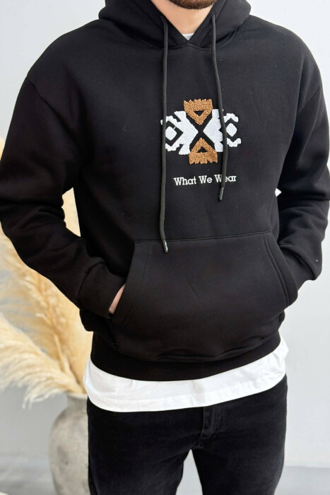 FLUFFY ONE COLOR FRONT LOGO MEN HOODIE BLACK/ E ZEZE - KLAUDIO FASHION